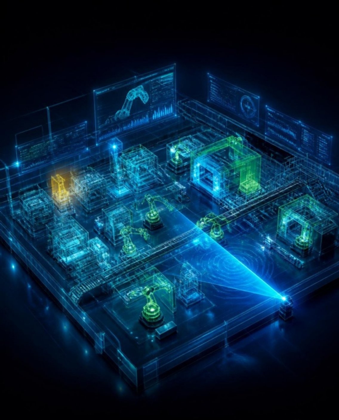 Digital twin of a smart factory with holographic machines and a scanning laser, rendered in glowing cyan and lime