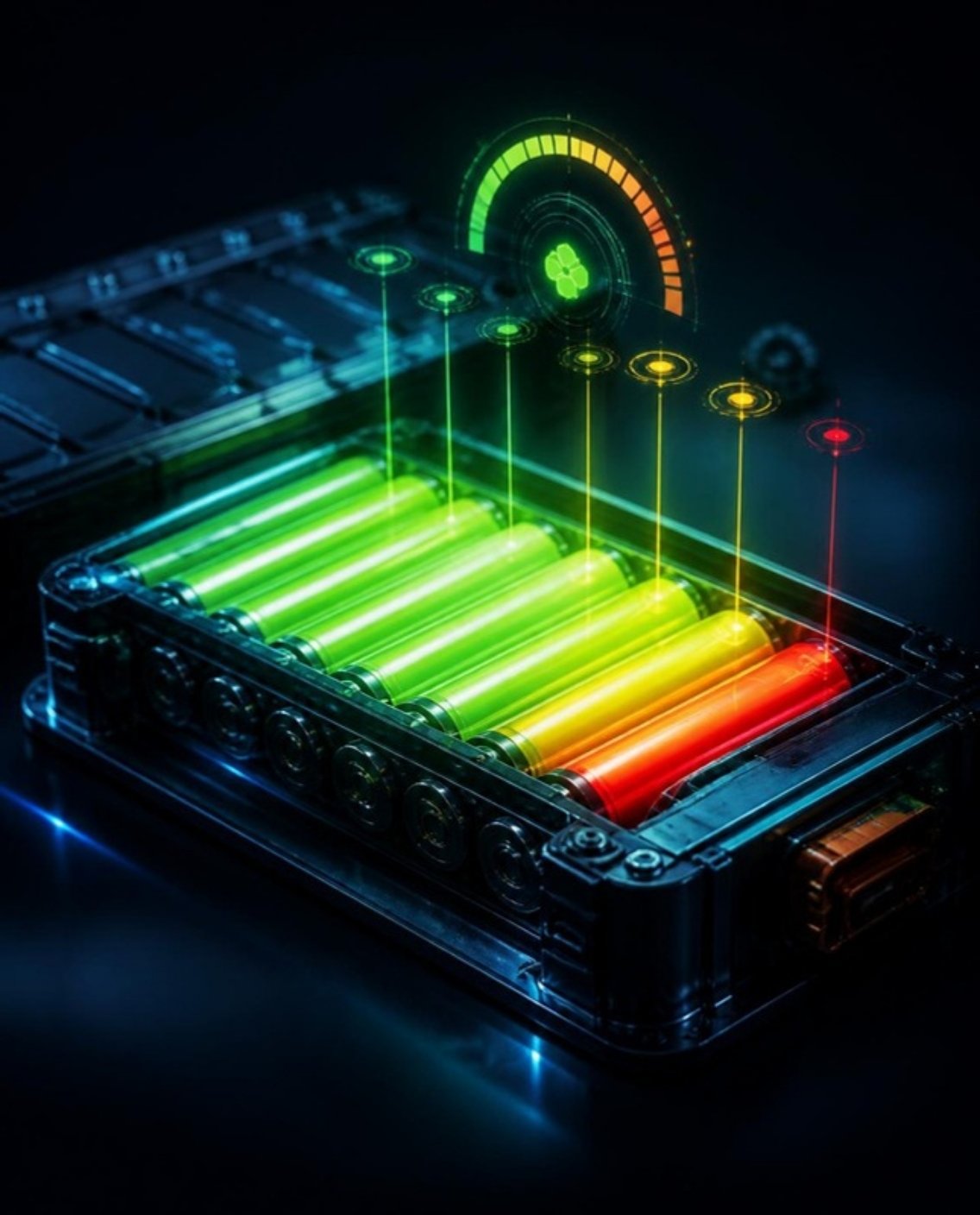 Battery pack with cells glowing green, amber and red by state of health, with a holographic health gauge