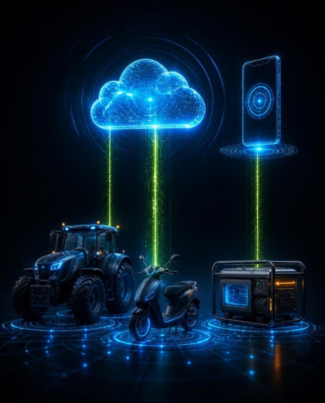 Electric tractor, scooter and generator streaming data to a cloud and a phone app