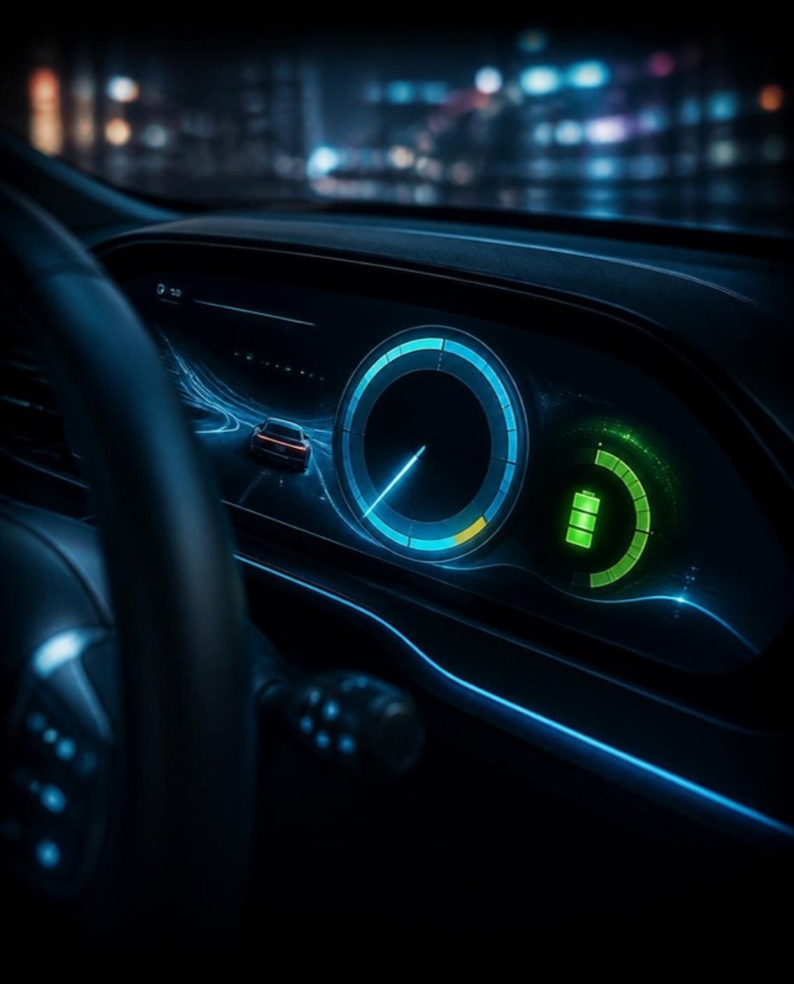 Electric vehicle cockpit with a glowing digital instrument cluster built in Qt/QML